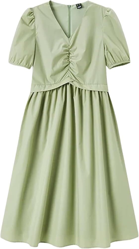 Women's Summer V Neck Puff Sleeve Midi Dress Solid Color Slim Fit Sweet Style Fashion Dresses