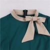 Women's Pleated Cotton Midi Dress Vintage High Waist Bow Tie Neck Pocket Swing Sundress Party Dresses
