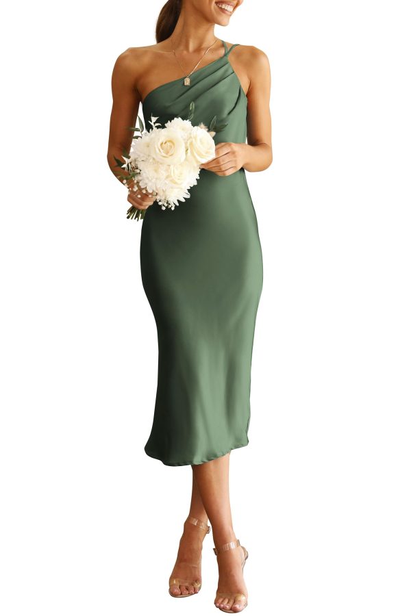 Women's 2025 Summer Midi Satin Dress One Shoulder Spaghetti Strap Backless Ruched Bodycon Dresses