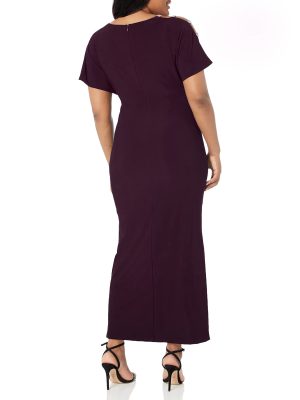 Women's Long V-Neck Knot Front Wedding Guest Dress with Cold Shoulder Sleeves (Petite and Regular Sizes)