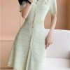 Women's Short Sleeve Knit Dress 2025 Fashion Summer V-Neck Slim Single Breasted A-Line Office Dresses