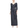 Women's Slimming Long Length ¾ Sleeve Mother of The Bride Dress with Cascade Ruffle Skirt and Side Ruching