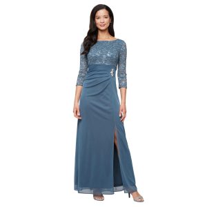 Women's Long Mother of The Bride Dress with Stretch Lace Bodice & Hip Embellishment (Petite and Regular Sizes)