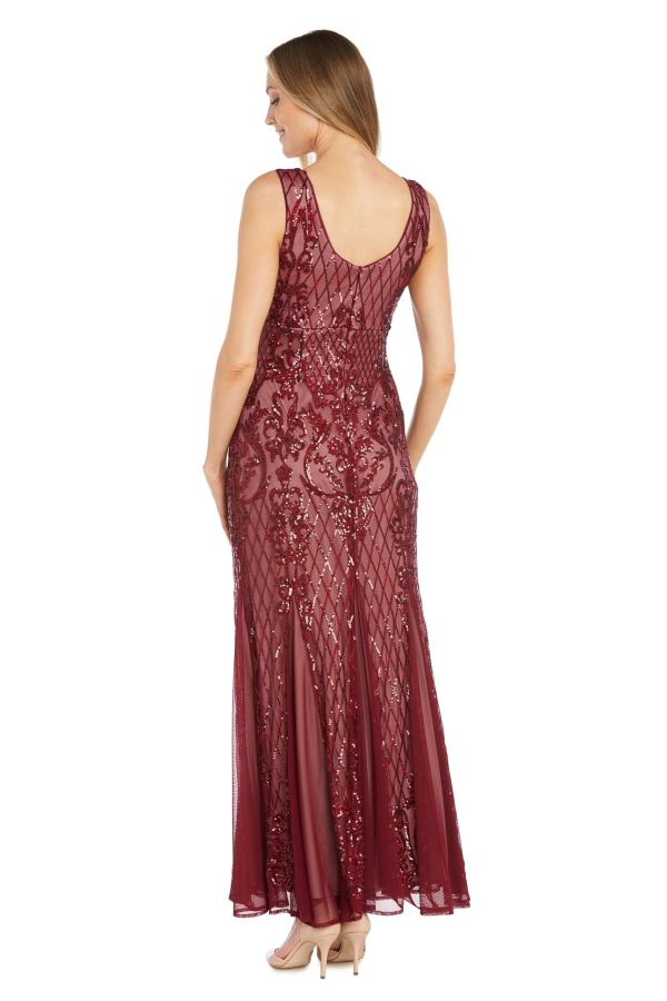 Beaded V-Neck Long Gown W/Mesh Contrast Insets & Sequin Embellishments