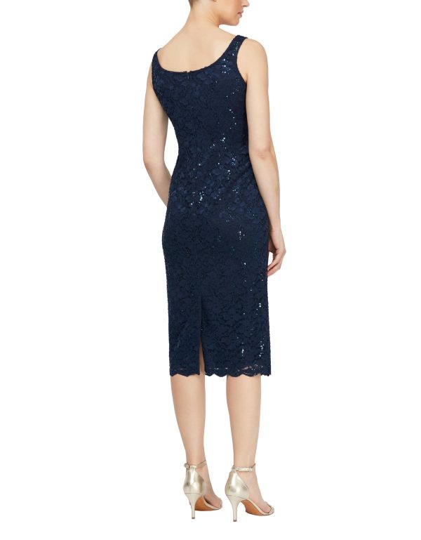 Women's Tea Length Sequin Lace Special Occasion Dress with Illusion Sleeve Jacket (Petite and Regular Sizes)