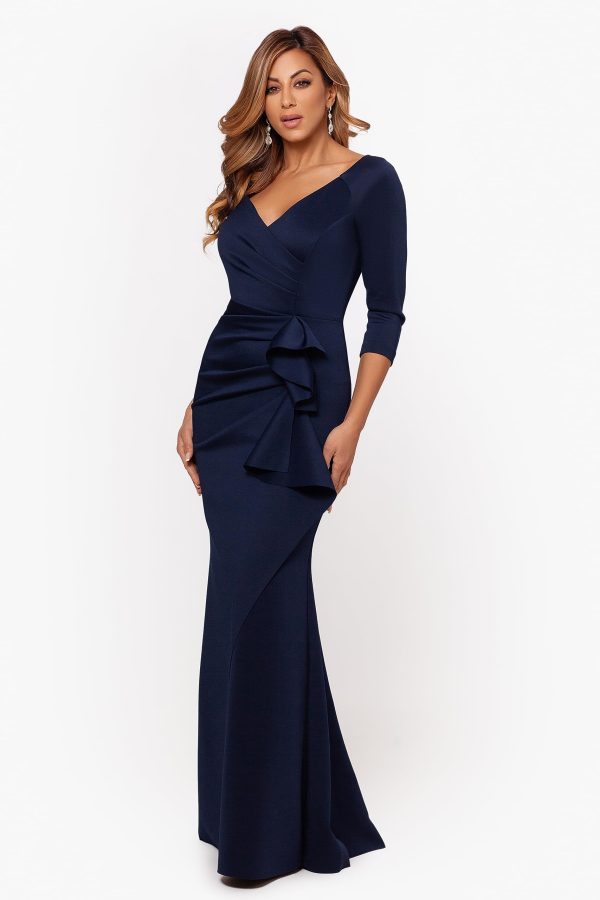 Women's Long 3/4 Sleeve V-Neck Side Ruched Gown (Reg and Petite)