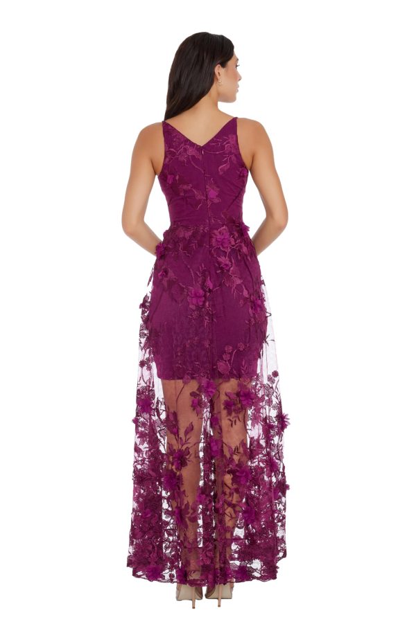 Women's Embellished Plunging Gown Sleeveless Floral Long Dress