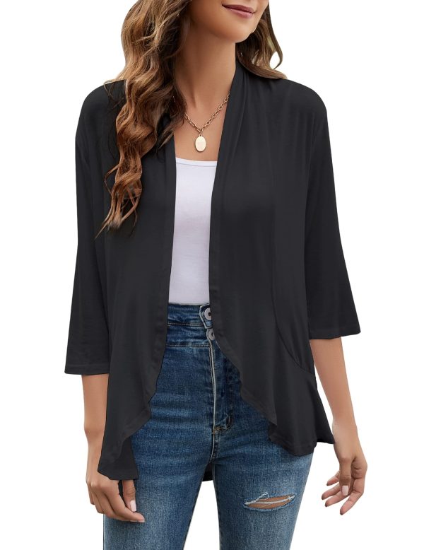 Women Cardigan 3/4 Sleeves Open Front Lightweight Cardigan Draped Ruffles Knit Cardigan