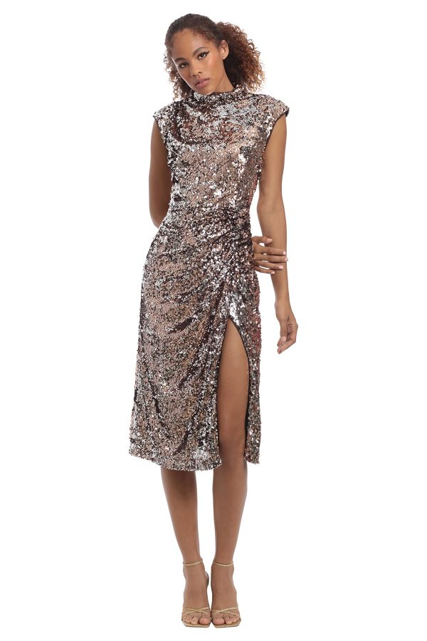 Women's Sequin Mock Neck Midi Dress with Slit